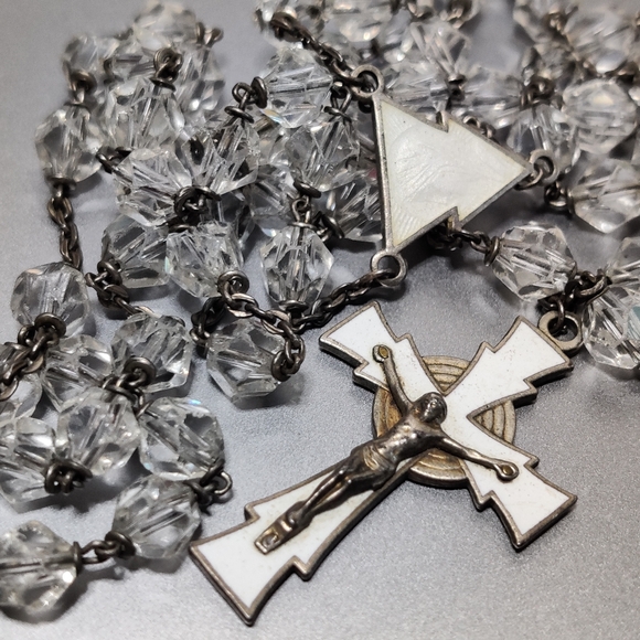 Vintage MCM Silver and Enamel Catholic Rosary Original Box - Picture 3 of 15